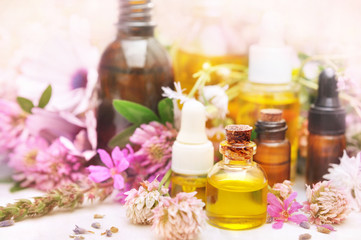 Essential oil bottles on medicinal flowers and herbs background, selective focus, toned	