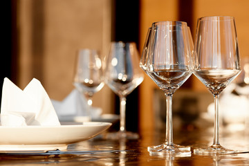 Empty glass goblets for red and white wine  in the restaurant