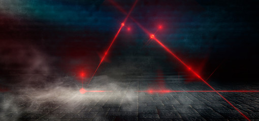 Dark room, street, tunnel, corridor, background with searchlight rays and a red laser beam, smoke, smog, dust. Abstract dark blue background with neon and rays.