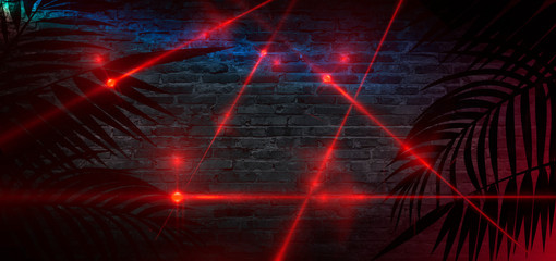 Dark room, street, tunnel, corridor, background with searchlight rays and a red laser beam, smoke, smog, dust. Abstract dark blue background with neon and rays.