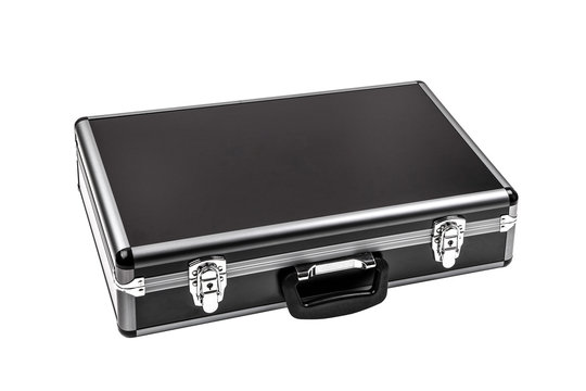 Black padded aluminum briefcase case with metal corners isolated on white