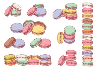Set of delicious hand drawn french macarons in different compositions. Engraving style pen pencil painting retro vintage vector lineart colored illustration. Sweet cookies.