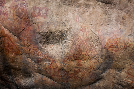 Prehistoric paintings on rock known as petroglyphs in the municipality of Facatativa in Colombia