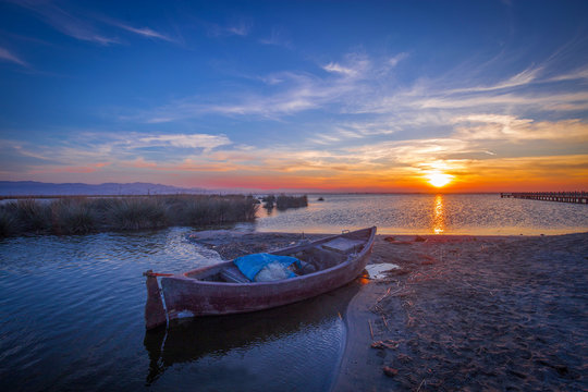 Boat And Sunset In The Red River Delta Bafra Samsun