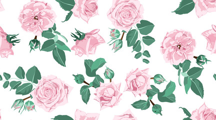 Seamless Floral Rose Pattern with Leaves.