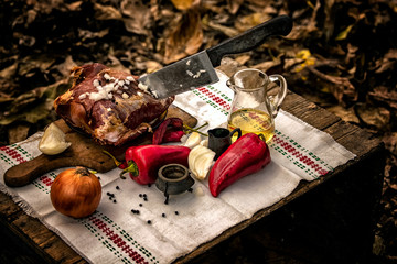 Outdoor cooking. Late fall. Decided to cook outsie. Meat. Knife. Paper, opnion, olive and other nessessary for the cooking products 