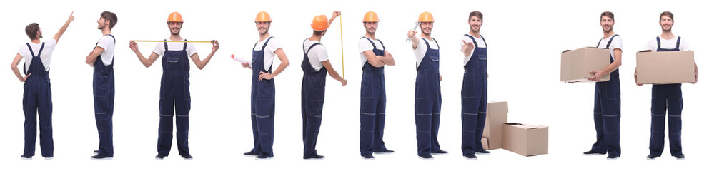 panoramic collage of skilled handyman isolated on white
