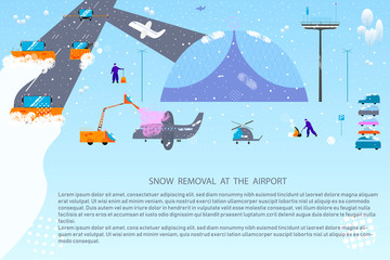 Snow and ice removal concept. Snow plow machines, equipment and tiny people in modern cartoon flat style