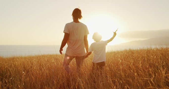 Rear view of father and son walking through field at sunset