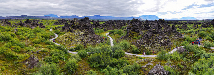 Panoramic view at tourist area of Dimmu Borgir Lavafeld in the East of Mytavn lake in Northern Iceland.