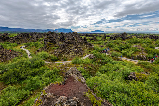 View at tourist area of Dimmu Borgir Lavafeld in the East of Mytavn lake in Northern Iceland.