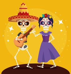 skeleton man with guitar and dancing with catrina to event