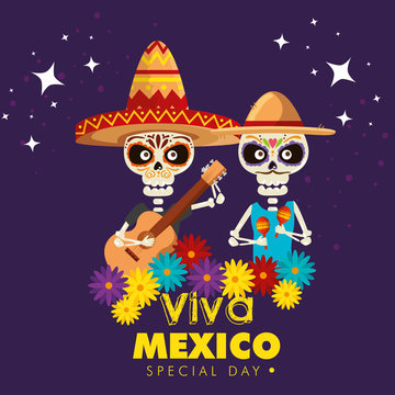 skeletons men wearing hat with guitar and maracas to event