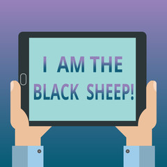 Handwriting text writing I Am The Black Sheep. Concept meaning Different from others original unique in a group Hu analysis Hand Holding Blank Screen Tablet Smartphone Display Unit photo
