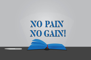 Text sign showing No Pain No Gain. Conceptual photo All success requires sacrifices Motivational inspiring Color Pages of Open Book photo on Table with Pen and Light Beam Glaring