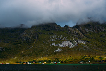 Beautiful view to the settlement and mountains on Lofoten Islands