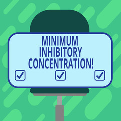 Conceptual hand writing showing Minimum Inhibitory Concentration. Business photo showcasing lowest concentration of a chemical Blank Rectangular Shape Sticker Sitting on a Swivel Chair