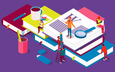 Isometric concept with books for learning or teaching, education. Illustration  content for web page, banner, social media, documents, cards, posters, library, seminars with characters.