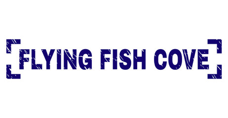 FLYING FISH COVE title seal print with grunge style. Text title is placed between corners. Blue vector rubber print of FLYING FISH COVE with dust texture.