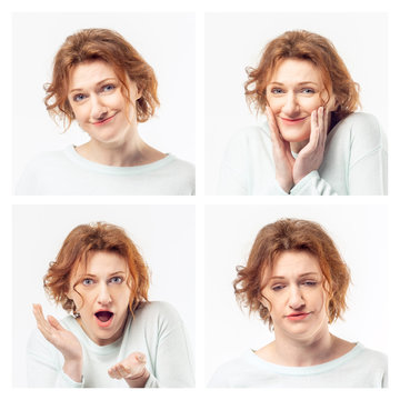The collage from different face expressions of a senior beautiful ginger woman. Happy and sad, surprised and tired. Human emotions concept