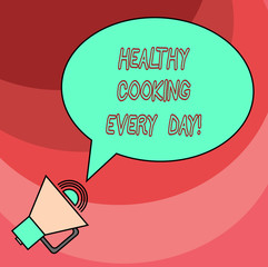 Word writing text Healthy Cooking Every Day. Business concept for Taking care of health by preparing organic dishes Blank Oval Outlined Speech Bubble Text Balloon Megaphone with Sound icon
