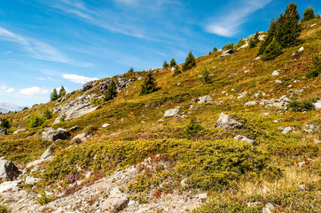 Mountains of the Swiss Alps in the Saint Luc valley on a sunny day.
