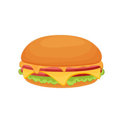Delicious juicy sandwich with vegetables, cheese, meat, bacon, tomatoes and a crispy crust.