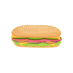 Delicious juicy sandwich with vegetables, cheese, meat, bacon, tomatoes and a crispy crust.