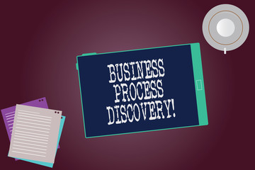 Word writing text Business Process Discovery. Business concept for collection of techniques and tools for defining Tablet Empty Screen Cup Saucer and Filler Sheets on Blank Color Background