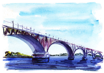 Bridge over the river. Watercolor sketch. Hand-drawn illustration