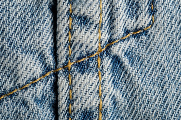 Blue jeans fabric macro seam pattern blurred background. Denim background texture for design.  