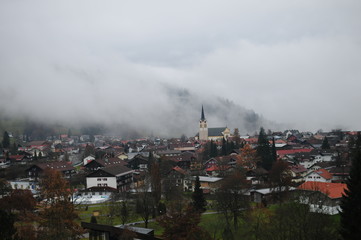 Oberstaufen in the fog with church