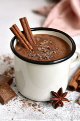 Homemade hot chocolate in a white enamel mug on a light slate, stone or concrete background.