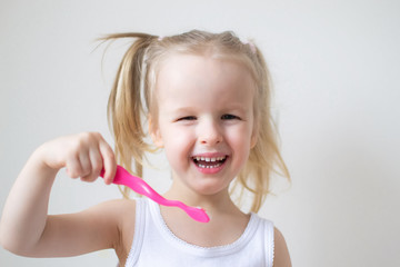 Happy Little Girl Brushing Her Teeth, Pink Toothbrush, Dental Hygiene, Morning Night Healthy Concept Lifestyle