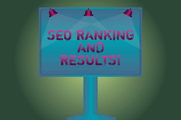 Conceptual hand writing showing Seo Ranking And Results. Business photo showcasing Search Engine Optimization statistics analytics Blank Lamp Lighted Color Signage Outdoor Ads Mounted on Leg