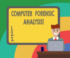 Conceptual hand writing showing Computer Forensic Analysis. Business photo showcasing evidence found in computers and storage media Bordered Board behind Man Smiling with Laptop Mug on Desk