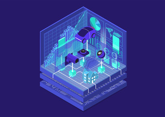 Internet of things / IOT concept with connected car and devices as isometric vector illustration