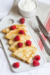Homemade Pancakes with Raspberry and Cream Easy Food Concept Breakfast 