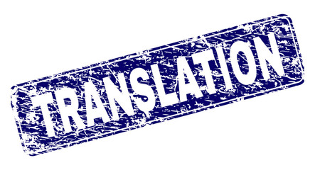 TRANSLATION stamp seal watermark with grunge style. Seal shape is a rounded rectangle with frame. Blue vector rubber print of TRANSLATION caption with grunge style.