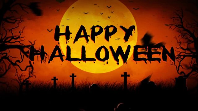 Bat Filled Haunted Graveyard Happy Halloween features rolling clouds, flying bats, and a full moon overlooking a graveyard with an animated Happy Halloween message