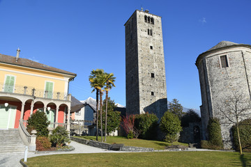 Church of San Quirico in Locarno and mountains in the background
