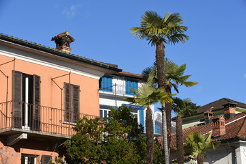 Colorful houses in Locarno  and snowcapped mountains in the background