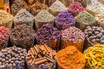 Various spices at the Spice Souq in Deira neighborhood of Dubai, United Arab Emirates