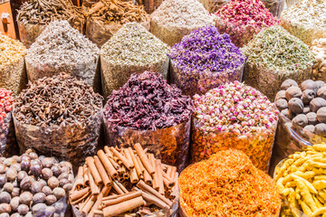 Various spices at the Spice Souq in Deira neighborhood of Dubai, United Arab Emirates