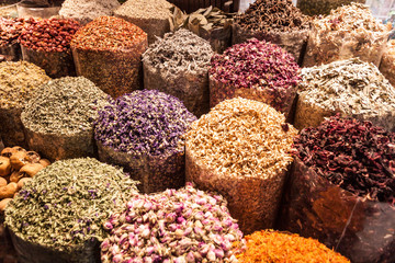 Various spices at the Spice Souq in Deira neighborhood of Dubai, United Arab Emirates