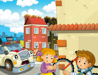 Obraz na płótnie Canvas cartoon scene with kids after bicycle accident and ambulance coming to help - illustration for children