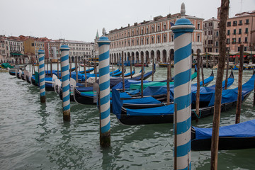 Large number of Gondolas parked at the grand channel in the centre of Venice
