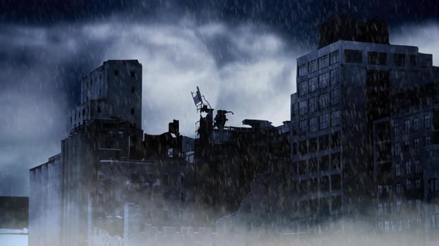 Apocalypse City in a Storm features a rain storm and foggy atmosphere with an abandoned apocalyptic city in the background