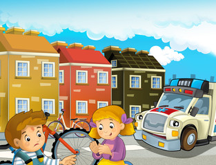 Obraz na płótnie Canvas cartoon scene with kids after bicycle accident and ambulance coming to help - illustration for children