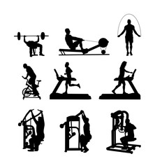 Fototapeta na wymiar Sport man exercises on gym fitness machine vector silhouette. Pressure for chest, legs. Pull down, stretching, worming up activity. Cardio bike. Cable Row. Jump rope skipping. Treadmill run training.